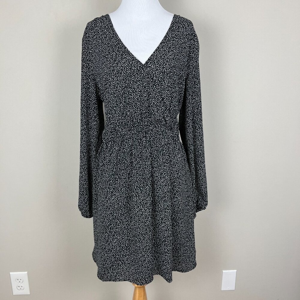 GAP Dress Women Large Black Dot Surplice V-Neck Elastic Waist A-Line Knee Length
